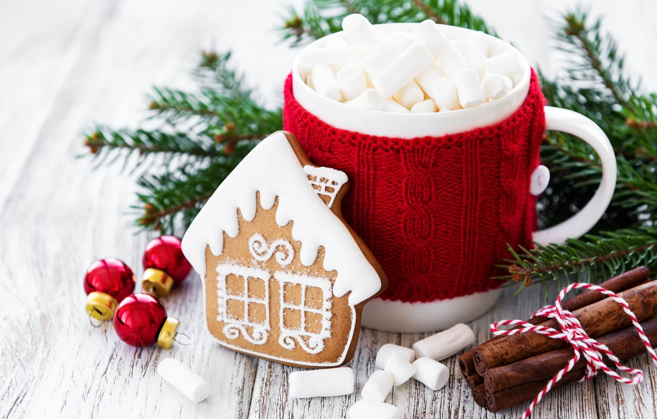 Photo wallpaper decoration, new year, Christmas, Christmas, wood, cup, cocoa, cookies