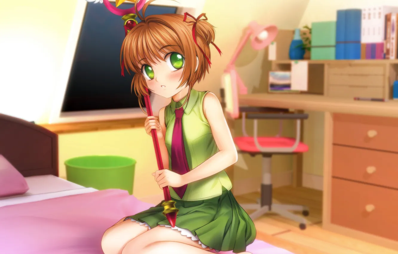 Photo wallpaper look, girl, bed, blush, Card Captor Sakura, kinomoto sakura, Mutsuki (Moonknives)