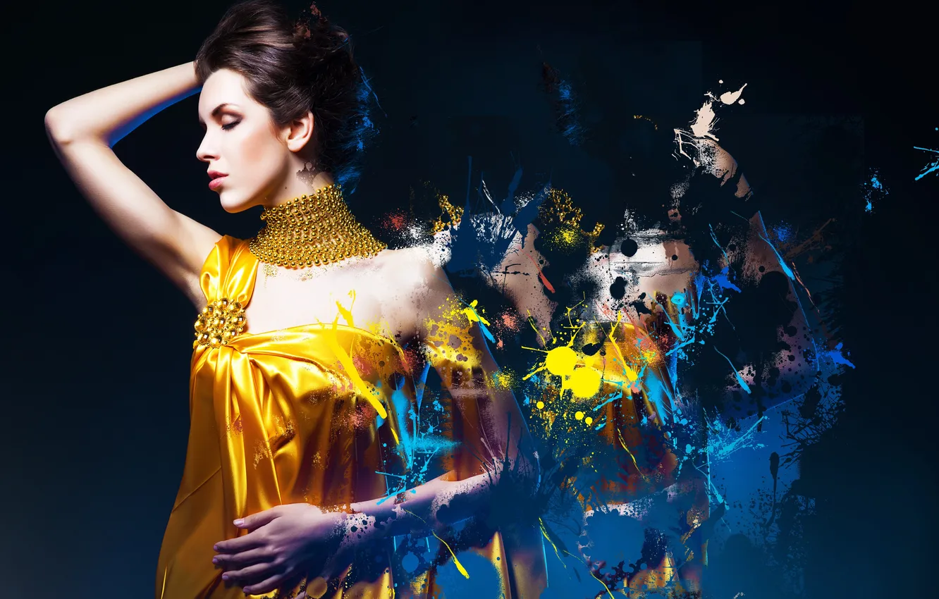 Photo wallpaper girl, decoration, squirt, paint, dress, hairstyle, profile, brown hair