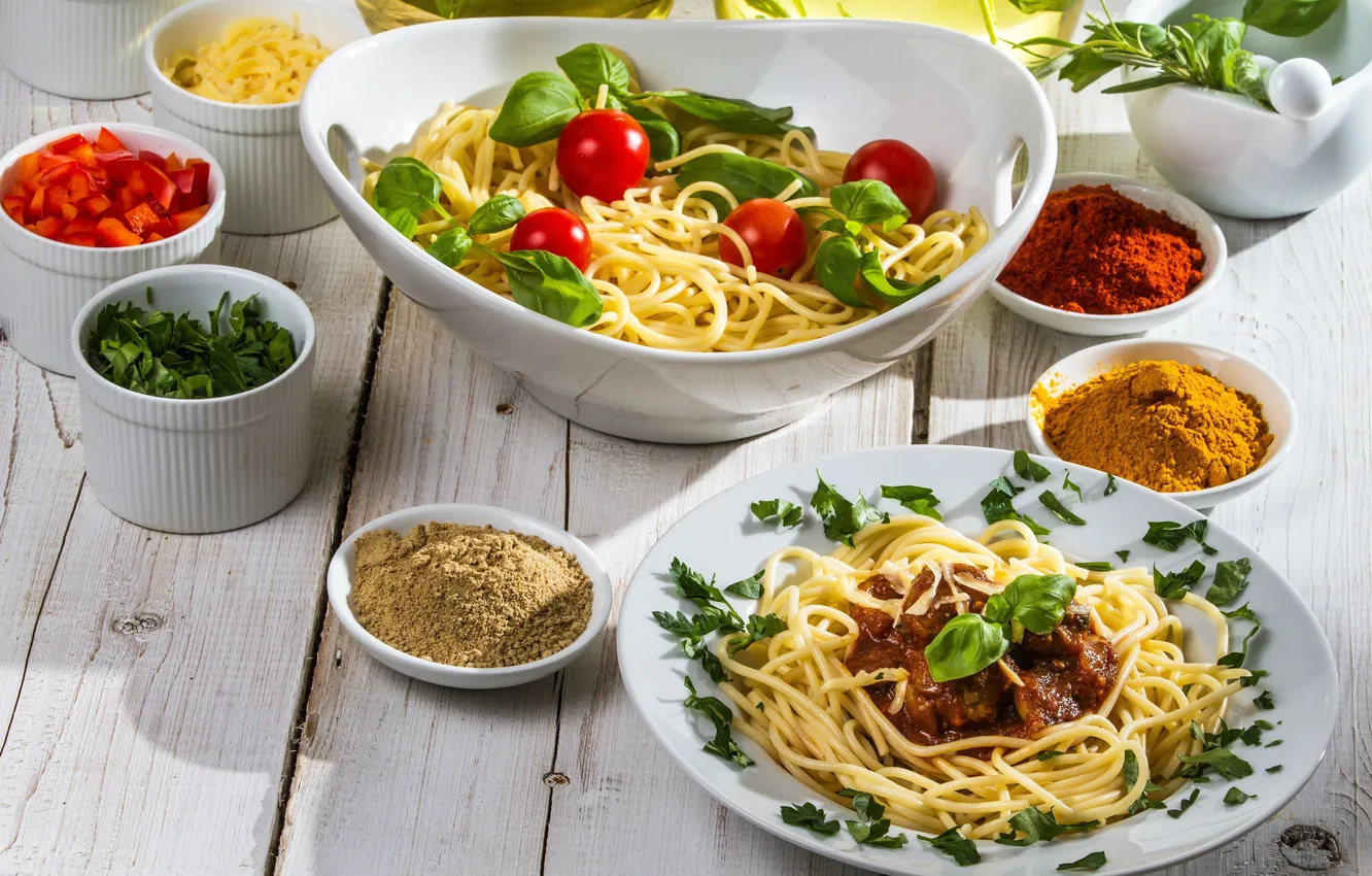 Photo wallpaper greens, food, meat, tomatoes, spaghetti, spices, pasta, meat