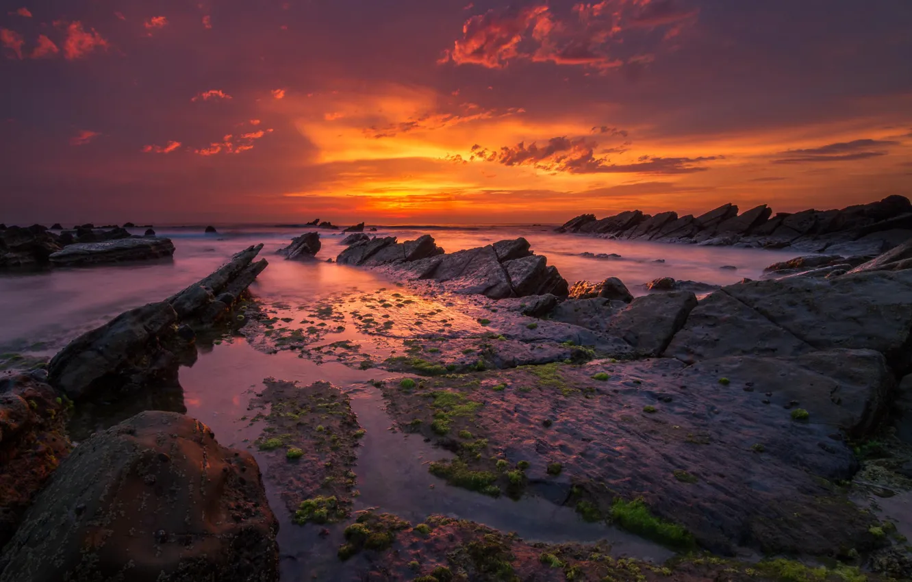 Photo wallpaper sea, the sky, sunset, rocks, Spain, Spain, Barrika Beach