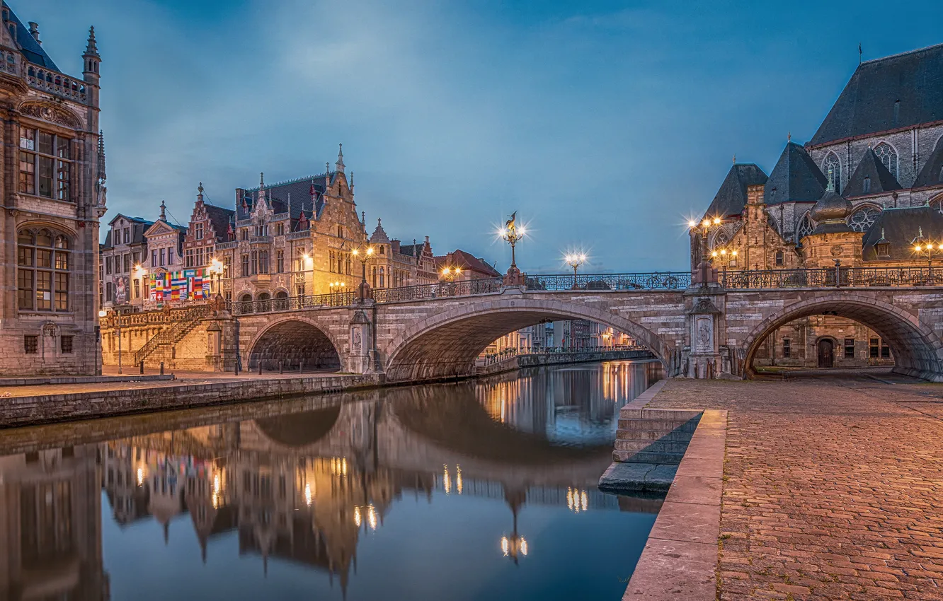 Photo wallpaper bridge, the city, river, building, lights, Belgium, Ghent, turret