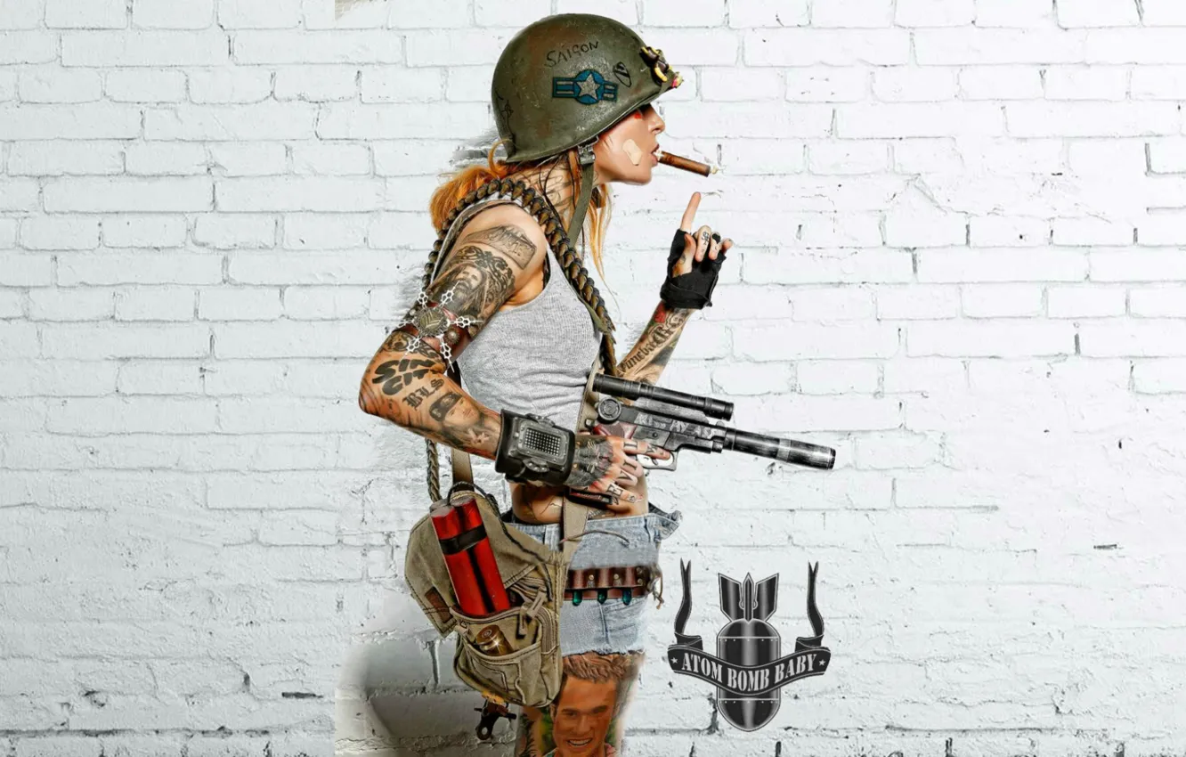 Photo wallpaper girl, weapons, background, cigar, fallout, tattoo, helmet, dynamite