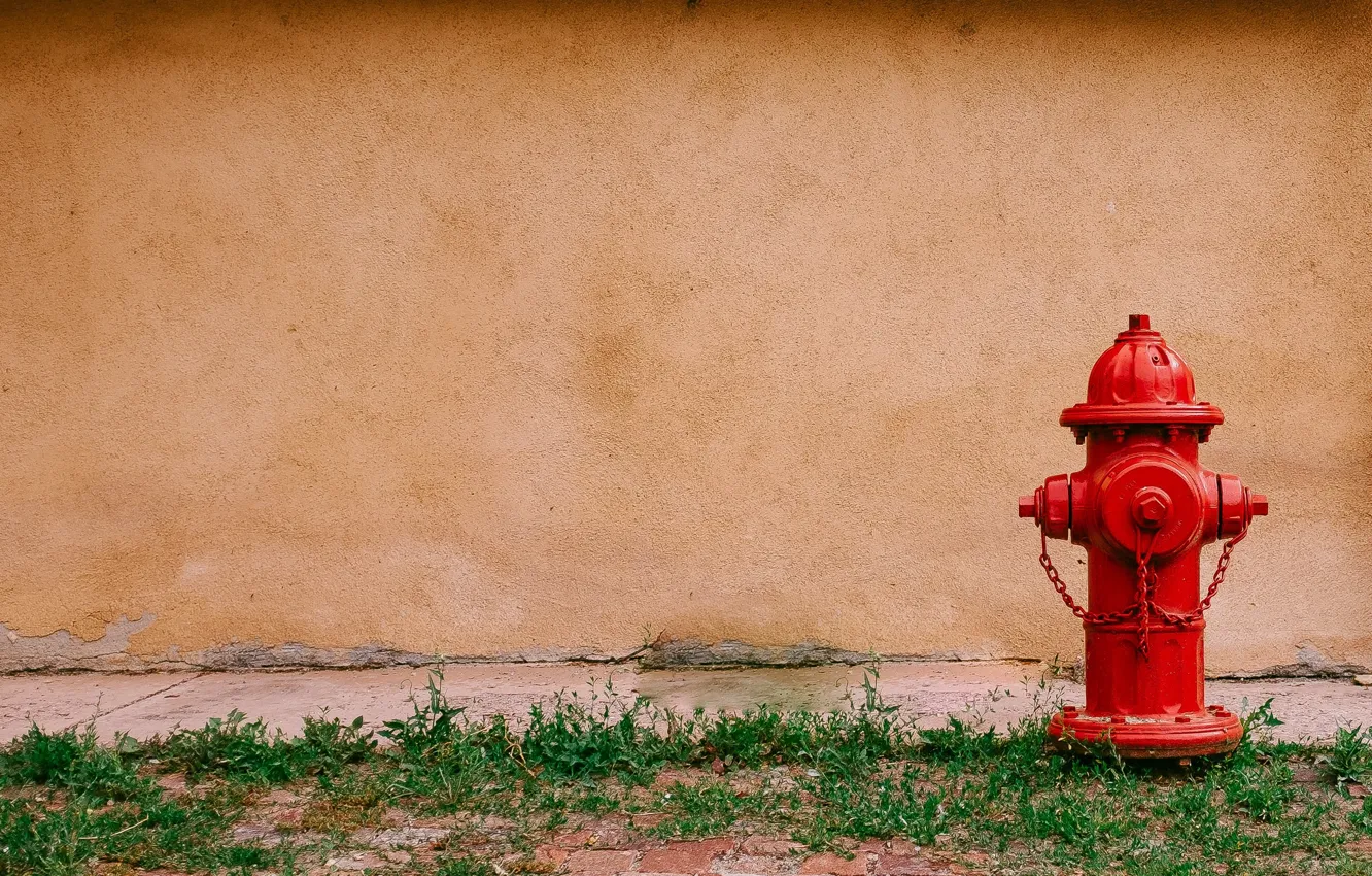 Photo wallpaper grass, red, wall, hydrant, fire hydrant