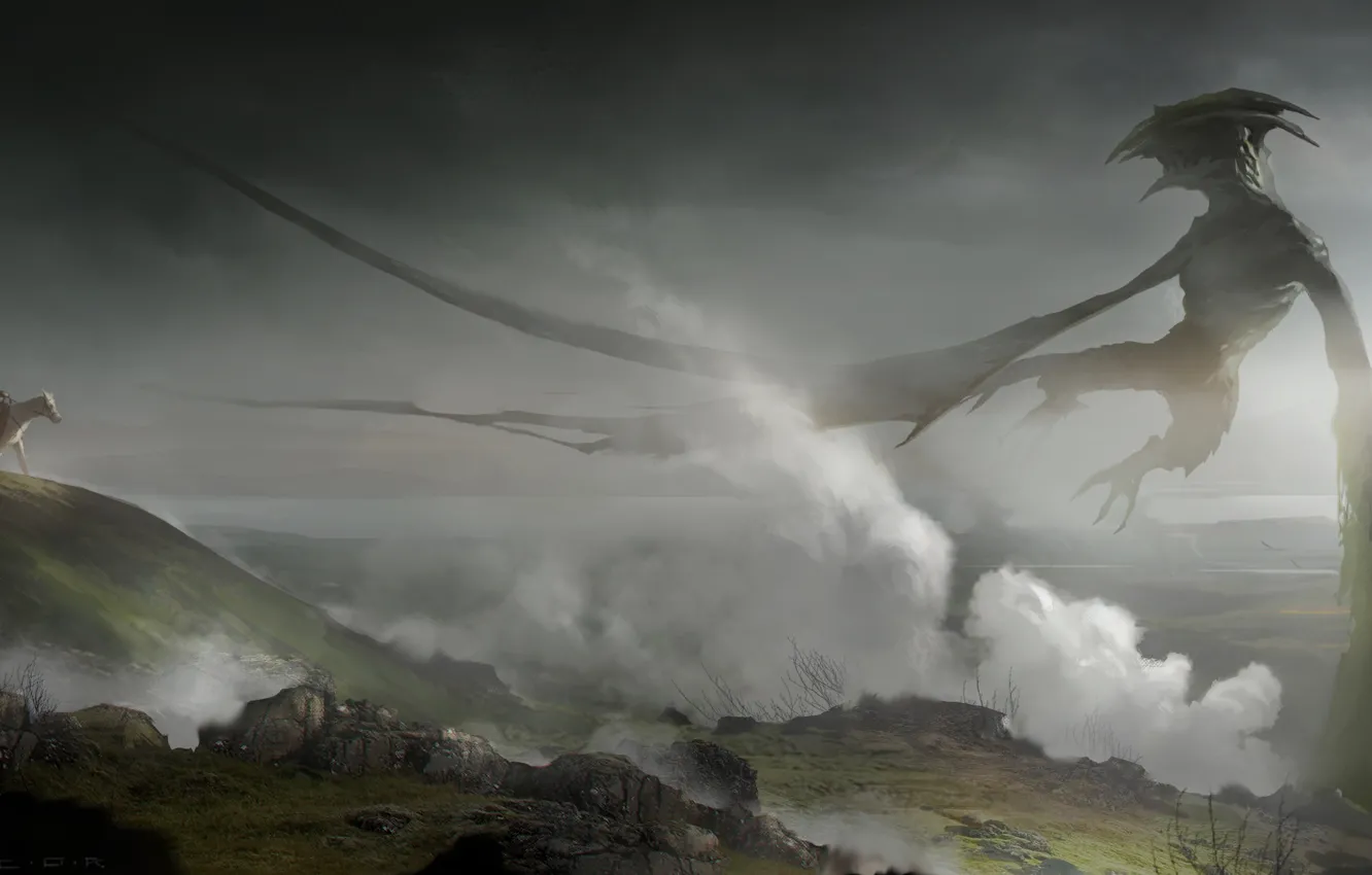 Photo wallpaper mountains, fog, smoke, figure, monster, cloud, fantasy, art