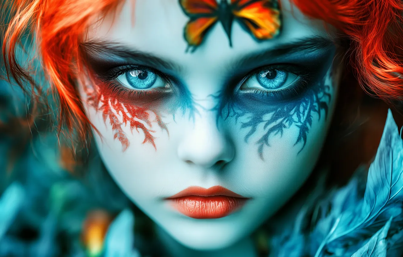 Photo wallpaper neural network, girl, look, portrait, fairy, blue eyes, AI art, makeup