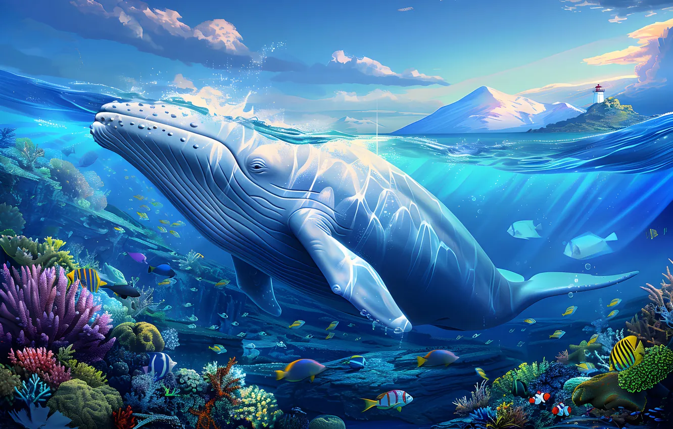 Photo wallpaper clouds, mountains, fish, corals, kit, underwater world, digital art, AI art