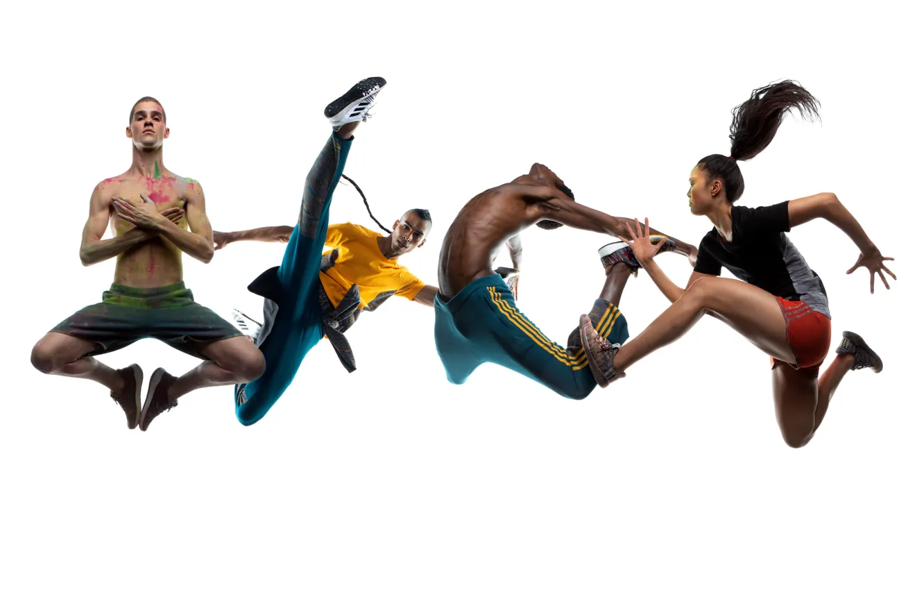 Photo wallpaper Girl, Jump, White background, Adidas, Sneakers, Guys, Sneakers, Missoni