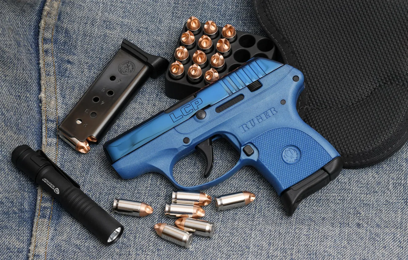 Photo wallpaper gun, flashlight, cartridges, Ruger