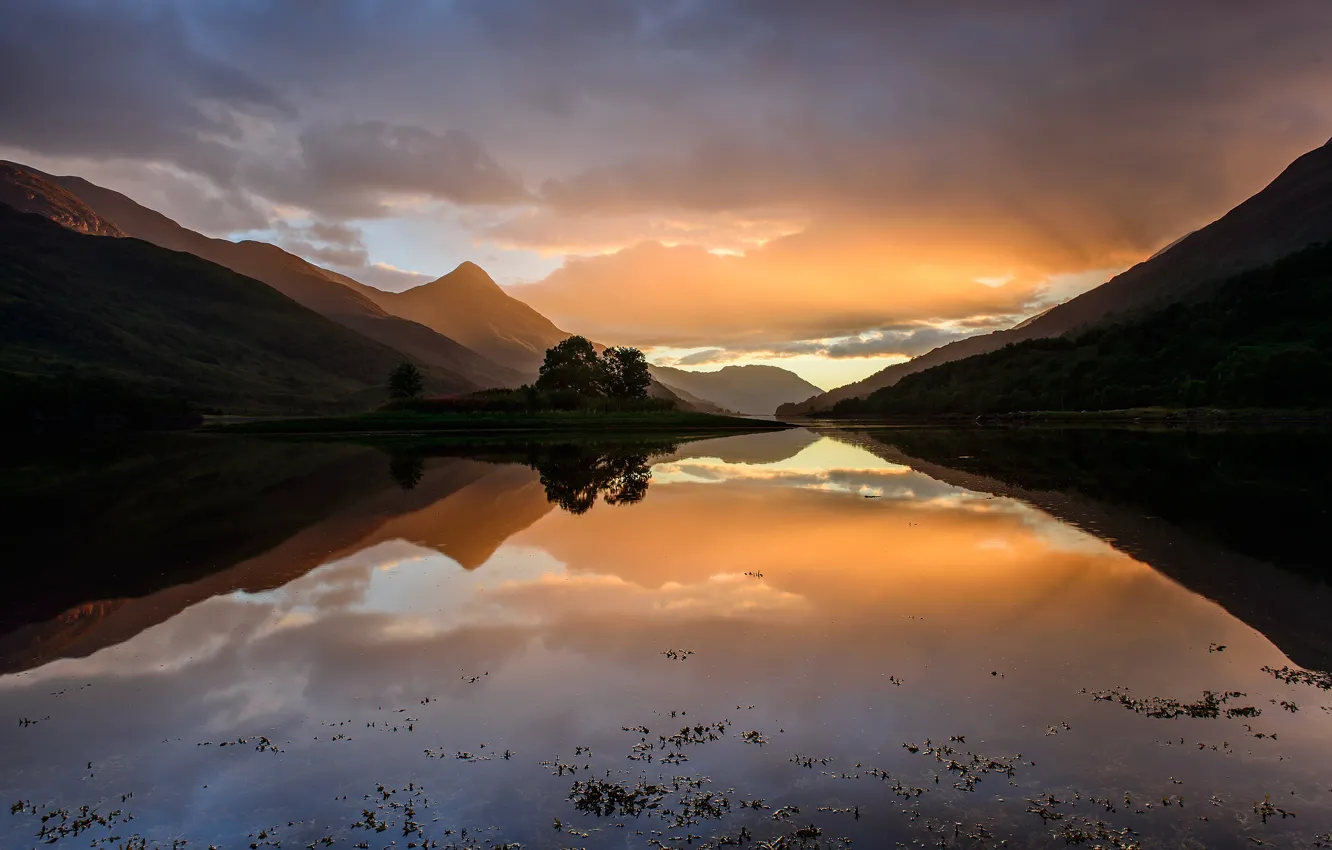 Photo wallpaper the sky, water, sunset, hills, Scotland, September, Highlands