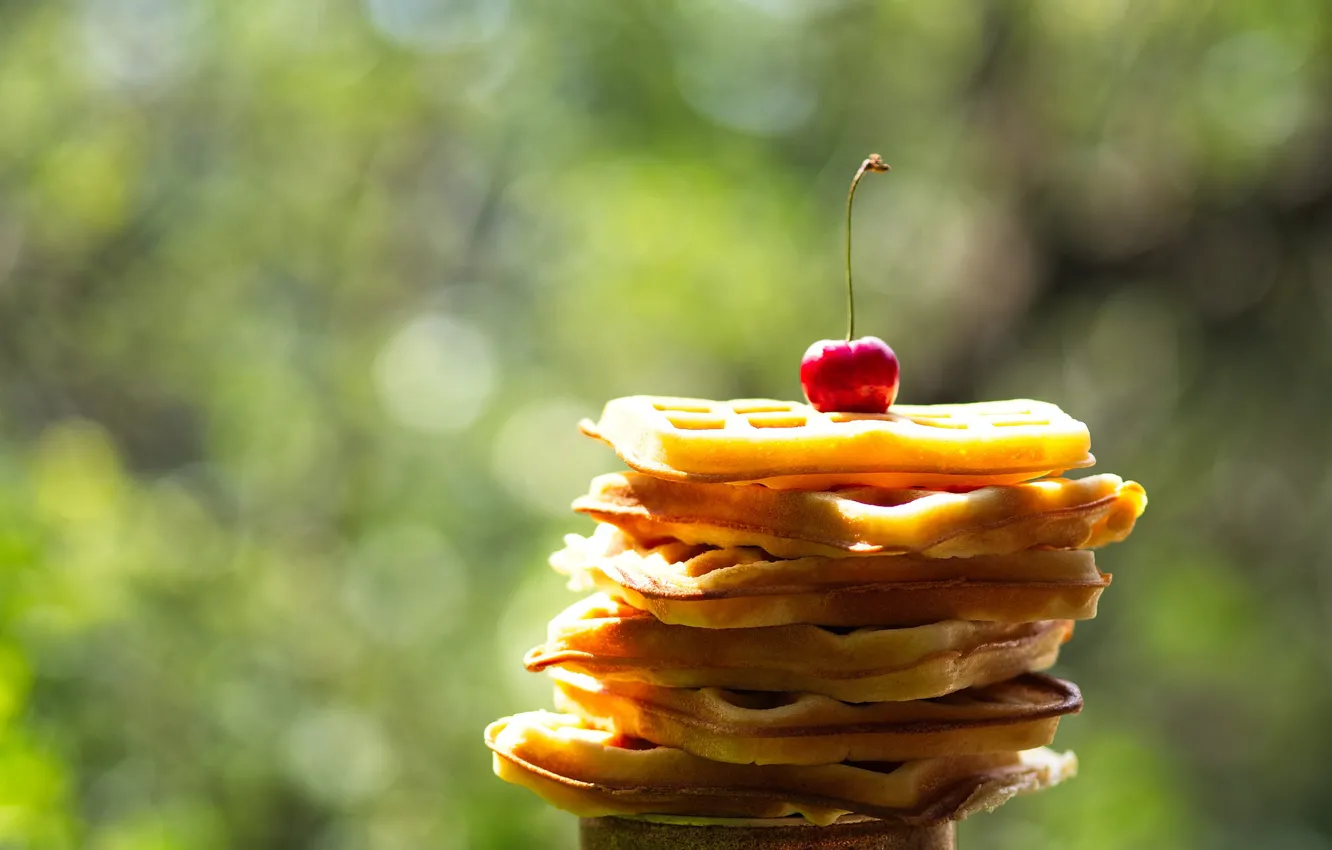 Photo wallpaper light, background, stack, cherry, dessert, waffles, cakes, bokeh