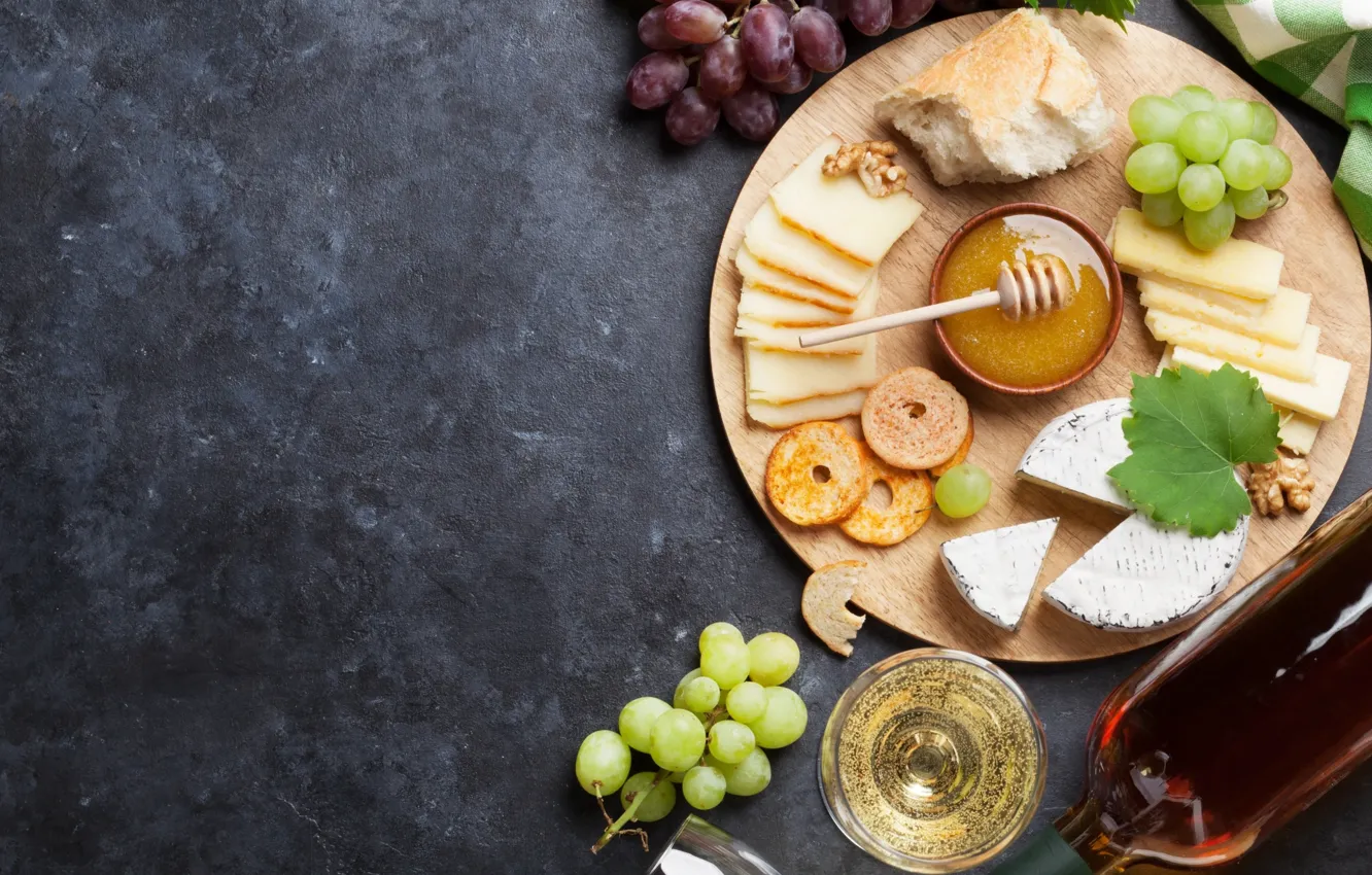 Photo wallpaper wine, cheese, honey, bread, grapes