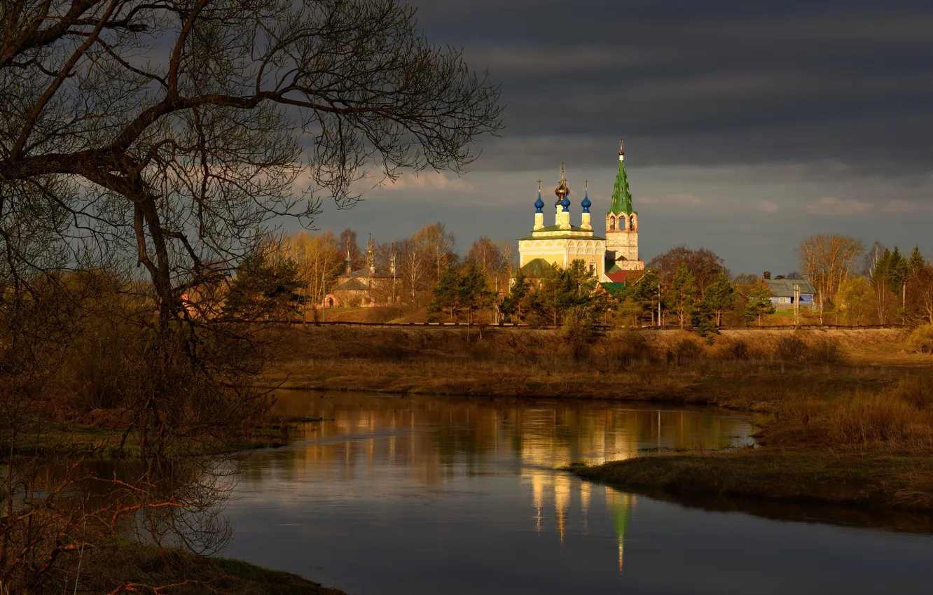 Photo wallpaper autumn, light, branches, tree, shore, Church, temple, Russia