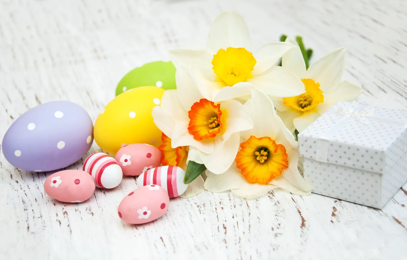 Photo wallpaper flowers, eggs, spring, colorful, Easter, wood, flowers, spring