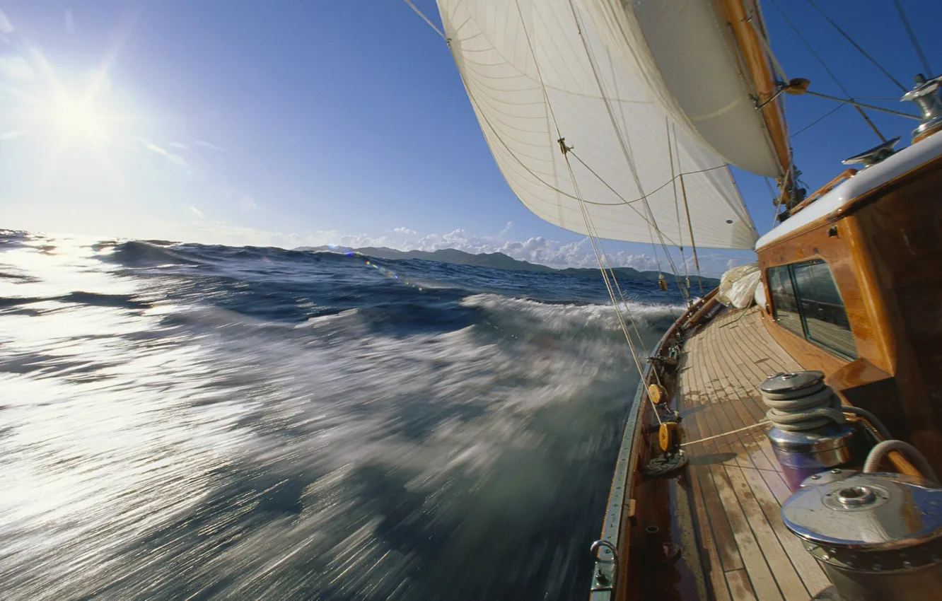 Photo wallpaper sea, wave, the sun, the way, the wind, morning, yacht, sail