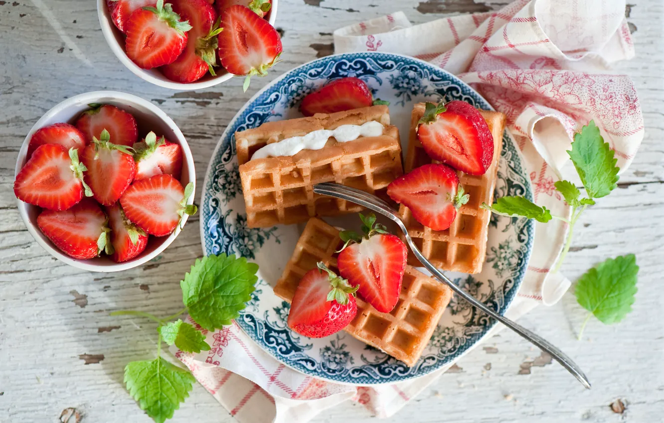 Photo wallpaper berries, food, Breakfast, strawberry, waffles, Anna Verdina