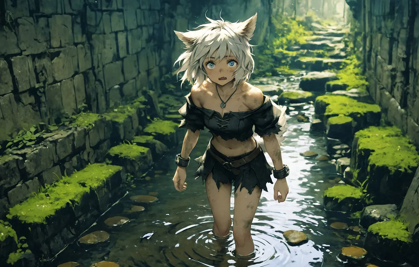 Photo wallpaper water, girl, anime, ears, ditch