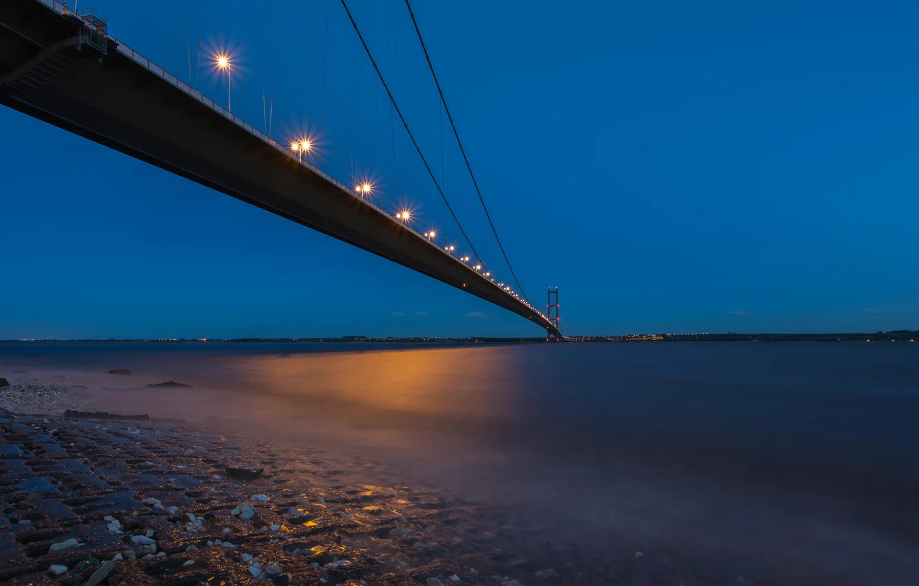 Photo wallpaper the sky, bridge, lights, the evening, Bay