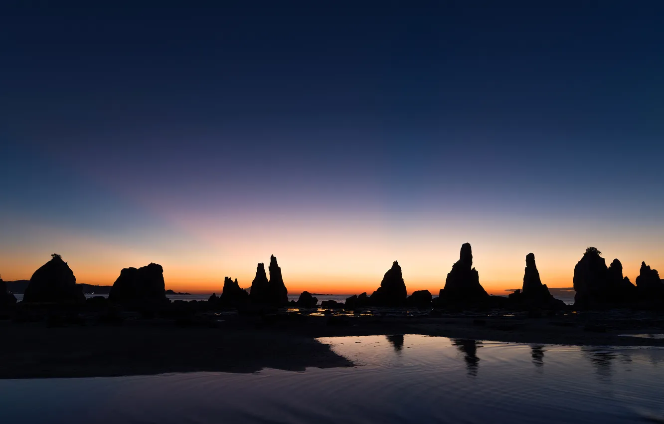 Photo wallpaper sea, the sky, lake, rocks, the evening, glow