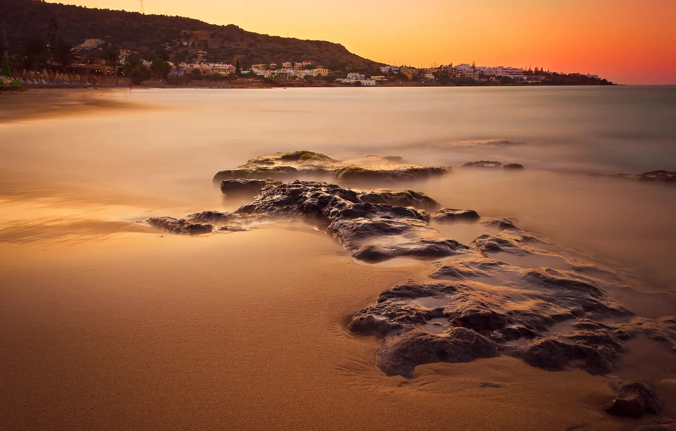 Photo wallpaper sea, the sky, sunset, mountains, stones, home, town, the village
