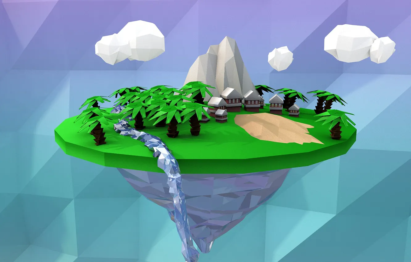 Photo wallpaper sand, clouds, trees, mountains, river, palm trees, rocks, home