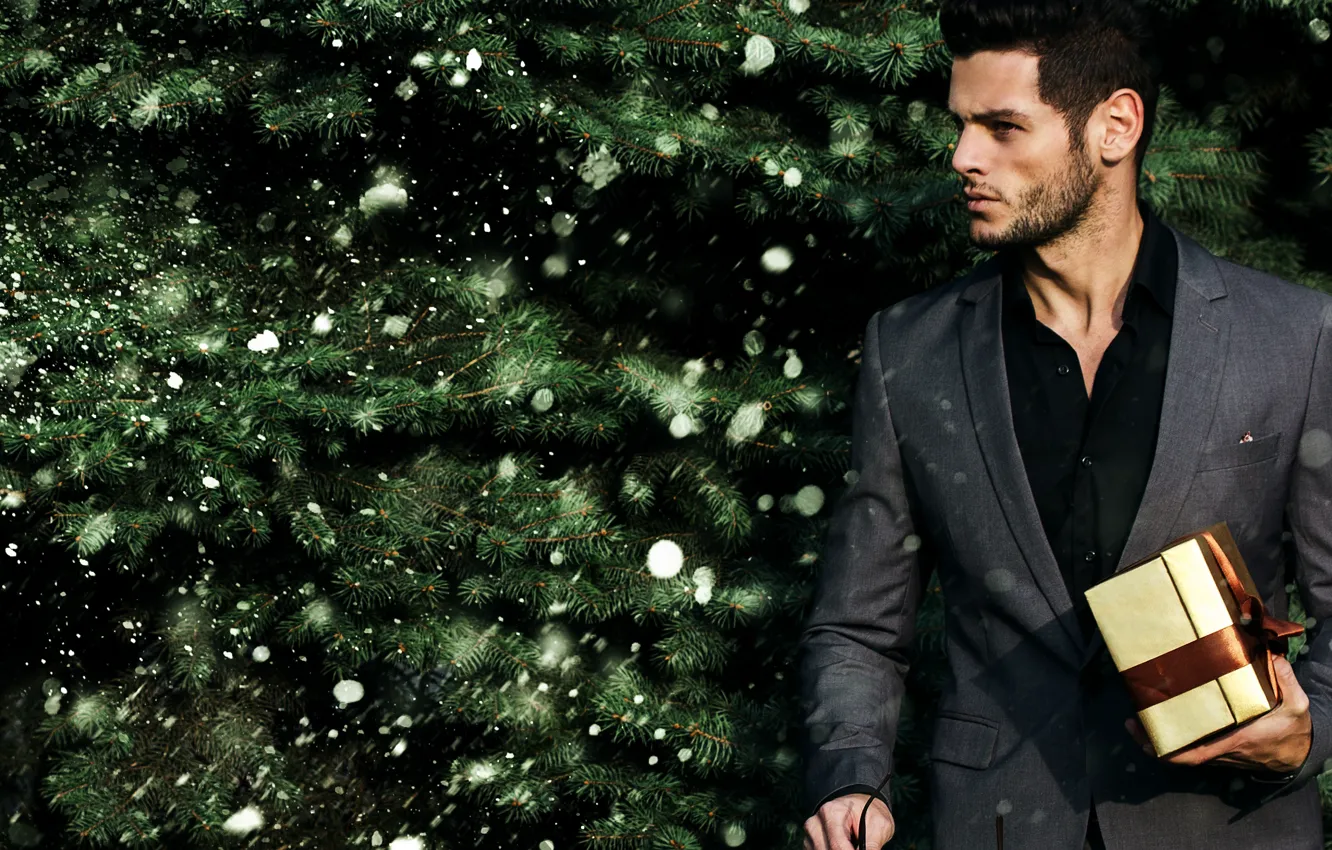 Photo wallpaper gift, tree, new year, Christmas, male
