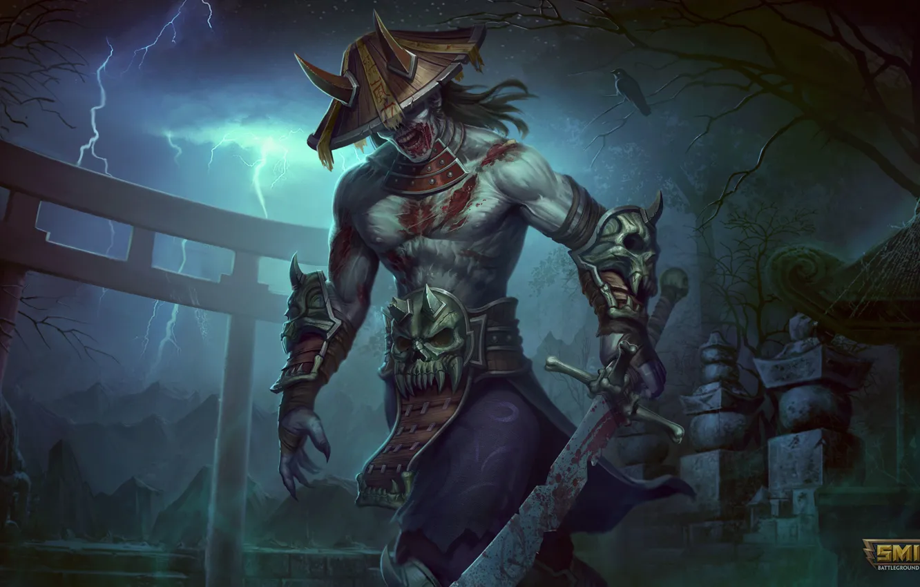 Photo wallpaper weapons, lightning, the game, sword, hat, game, characters, Smite