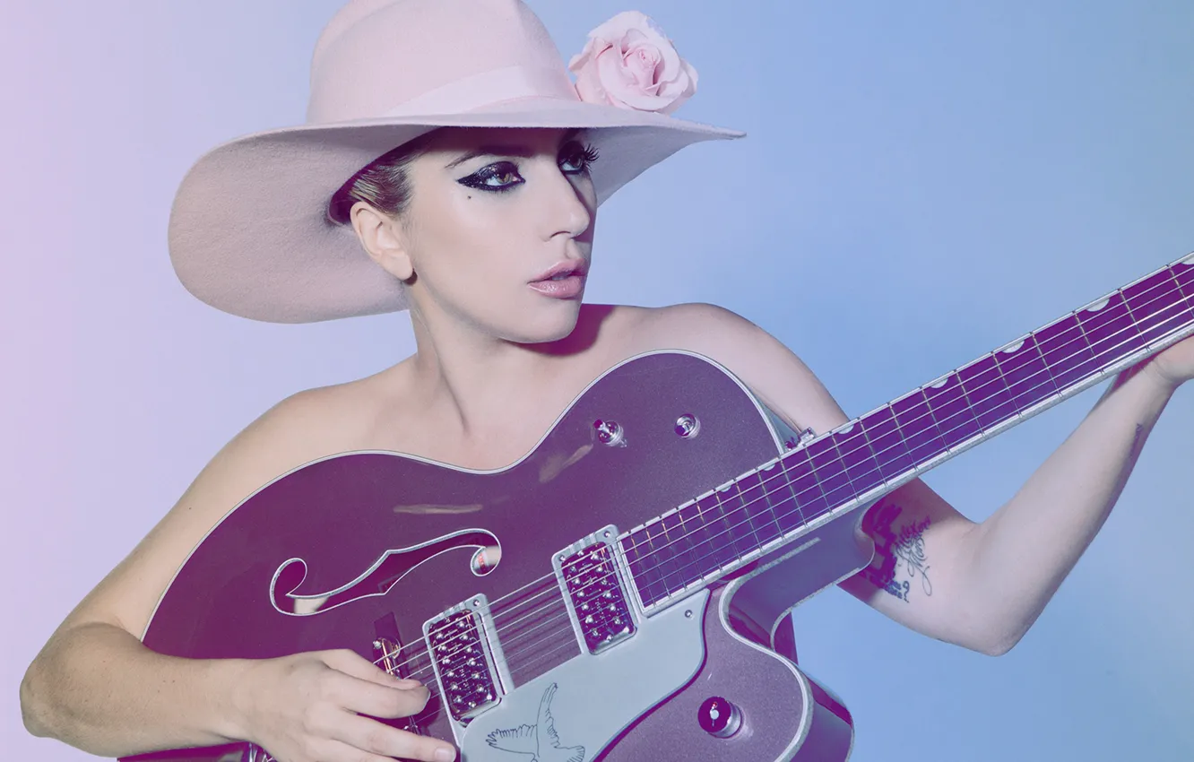 Photo wallpaper background, guitar, hat, makeup, hairstyle, singer, Lady Gaga, Lady Gaga