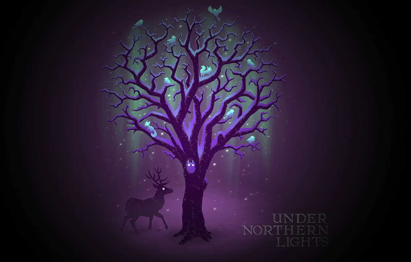 Photo wallpaper forest, trees, owl, deer, mystic