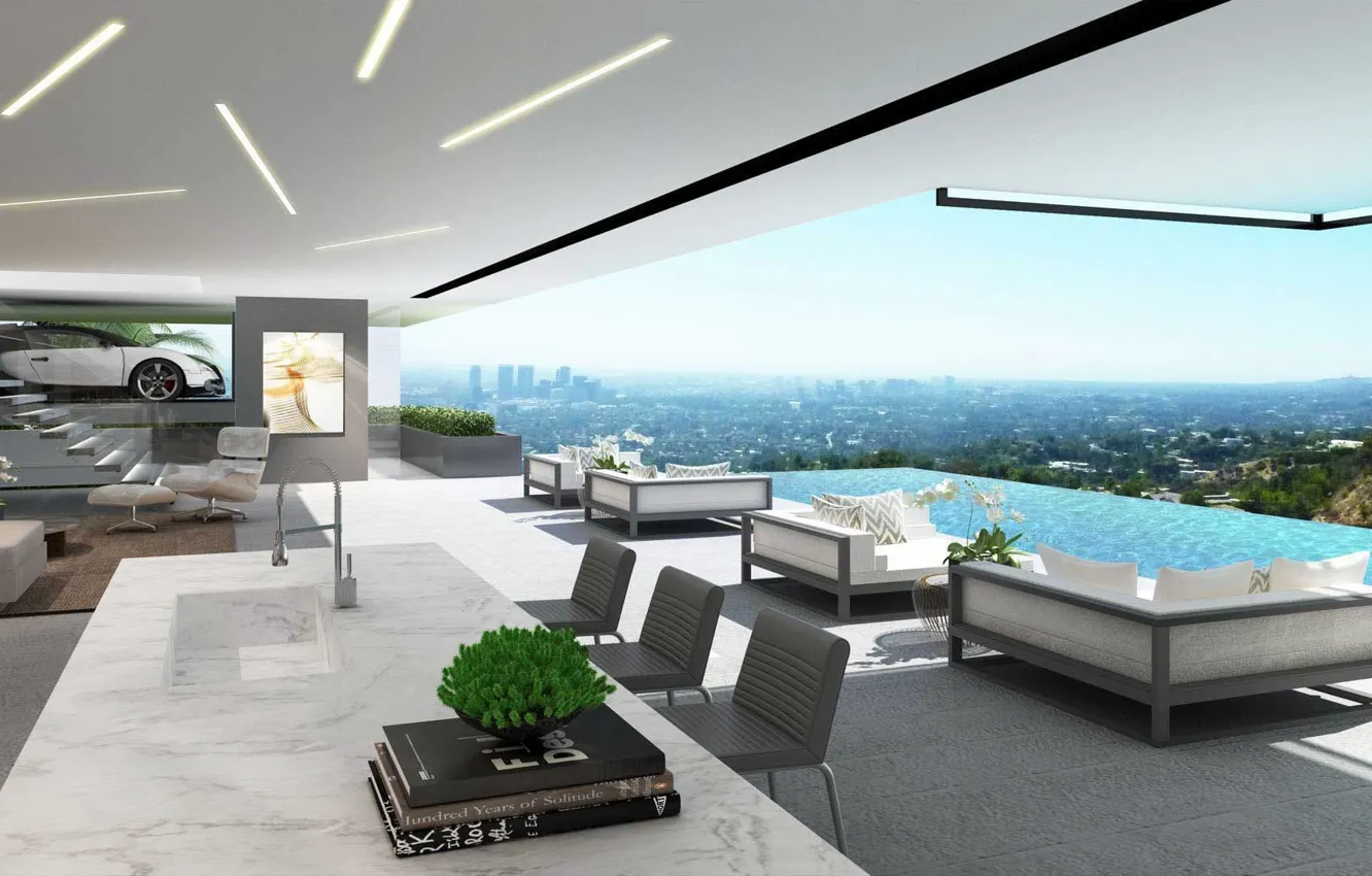 Photo wallpaper Villa, interior, pool, megapolis, terrace, living room, dining room, luxury villa