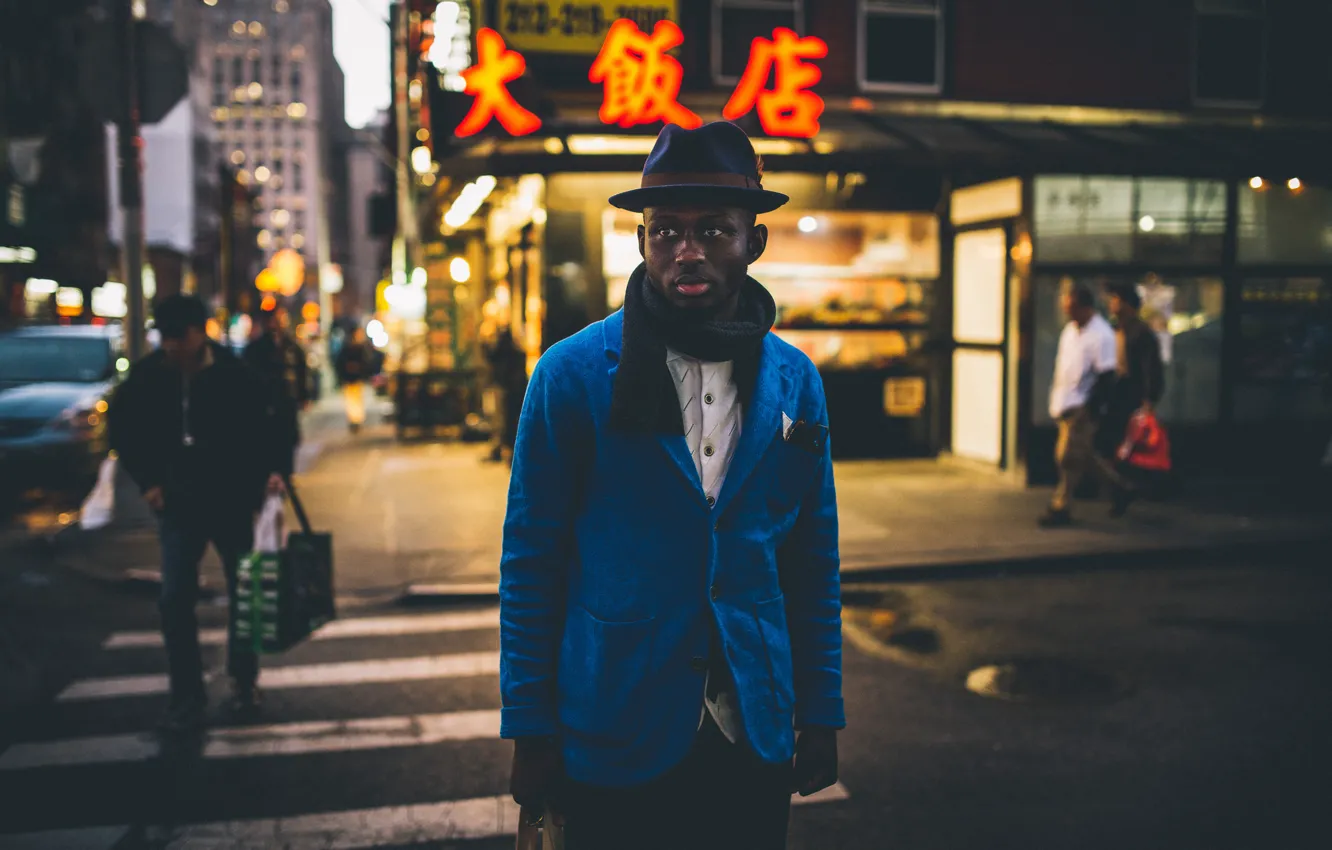 Photo wallpaper eyes, night, the city, people, street, neon, hat, scarf