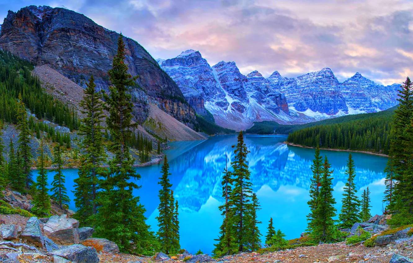 Photo wallpaper the sky, trees, mountains, lake
