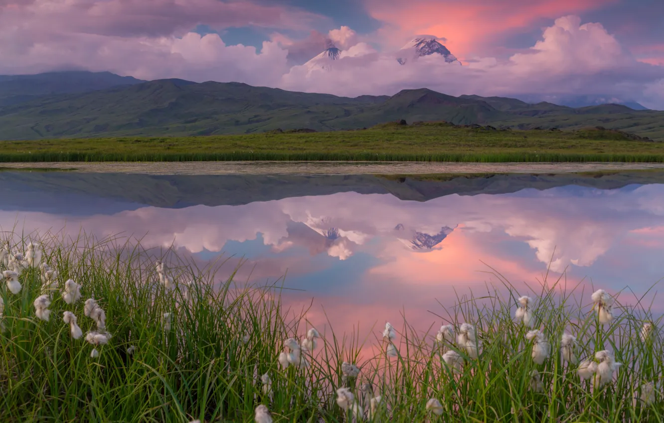 Photo wallpaper clouds, mountains, nature, lake, reflection, the volcano, Kamchatka
