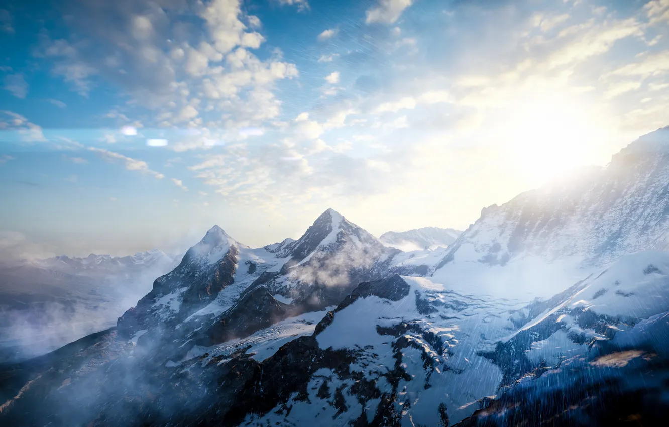 Photo wallpaper winter, the sky, the sun, clouds, snow, landscape, mountains, nature