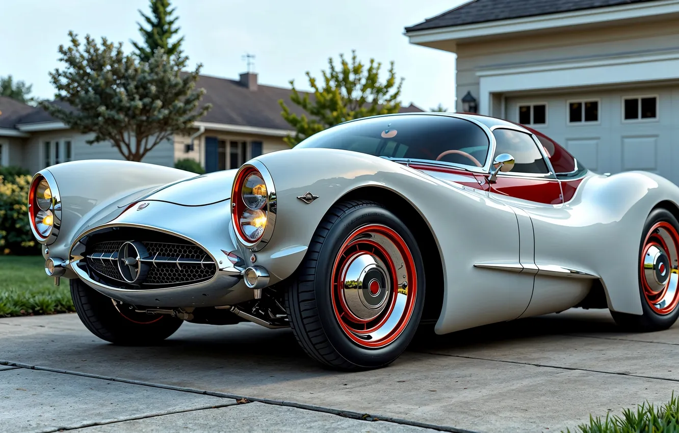 Photo wallpaper design, retro, lights, garage, drives, chrome, futurism