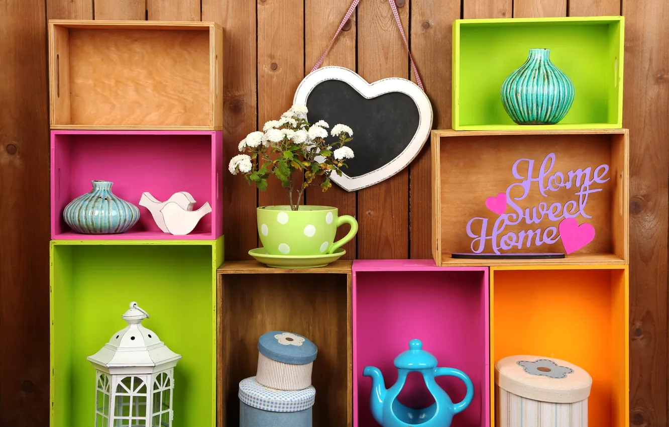 Photo wallpaper flowers, colors, colorful, box, vase, design, flowers, interior