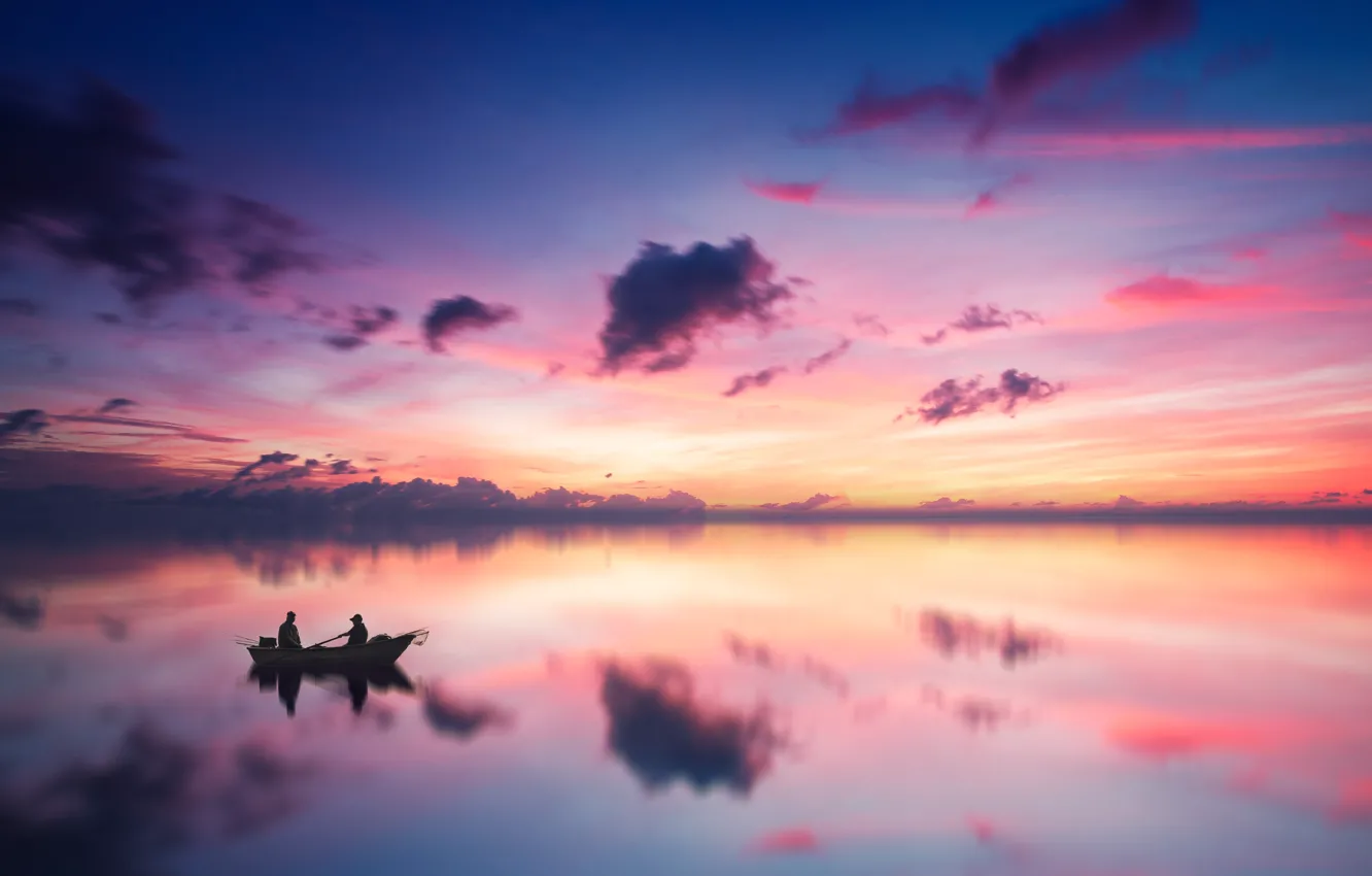 Photo wallpaper Lake, Boat, Morning, Dawn
