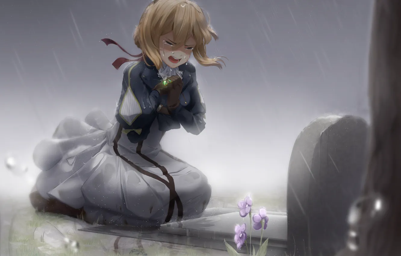 Photo wallpaper girl, flowers, rain, tears, grave, Violet Evergarden