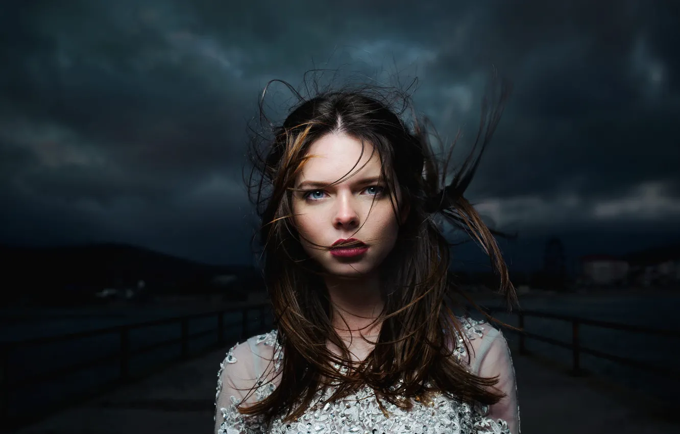 Photo wallpaper the storm, the sky, look, girl, light, mountains, night, clouds
