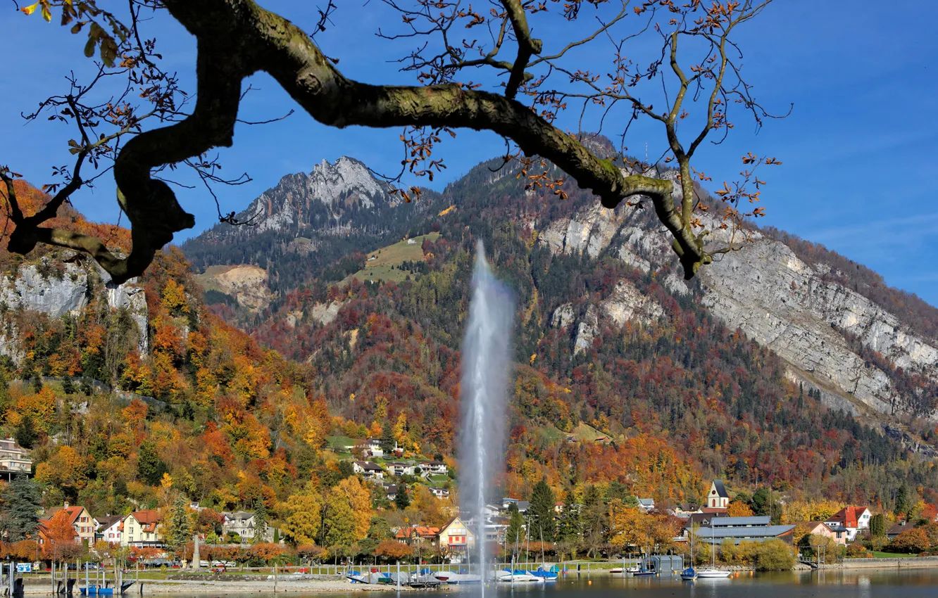 Photo wallpaper autumn, trees, mountains, lake, home, Alps, fountain