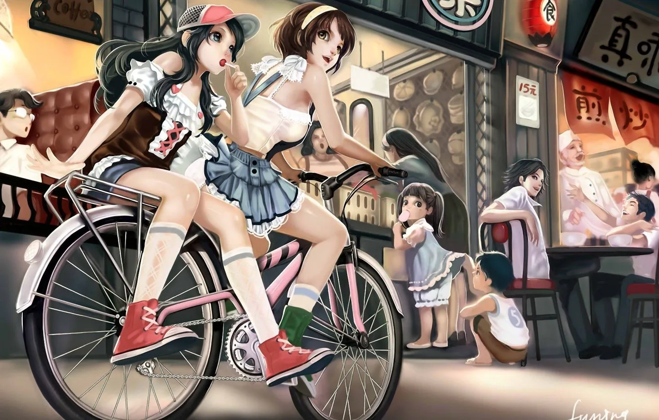 Photo wallpaper bike, street, girls, anime, art, walk