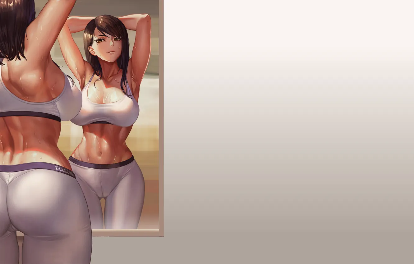 Photo wallpaper girl, hot, sexy, Anime, pretty, muscles, posing, mirror