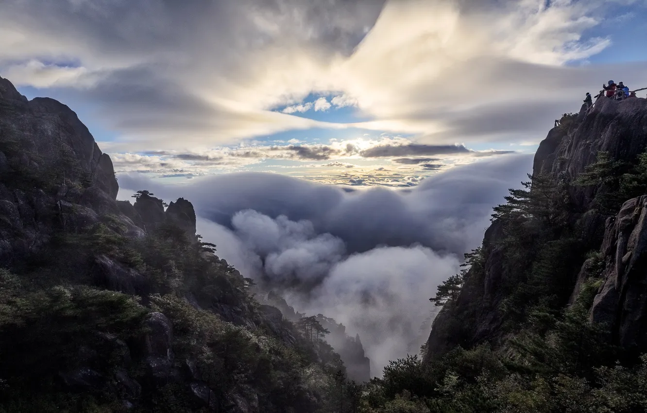Photo wallpaper clouds, mountains, tops, China, Anhui