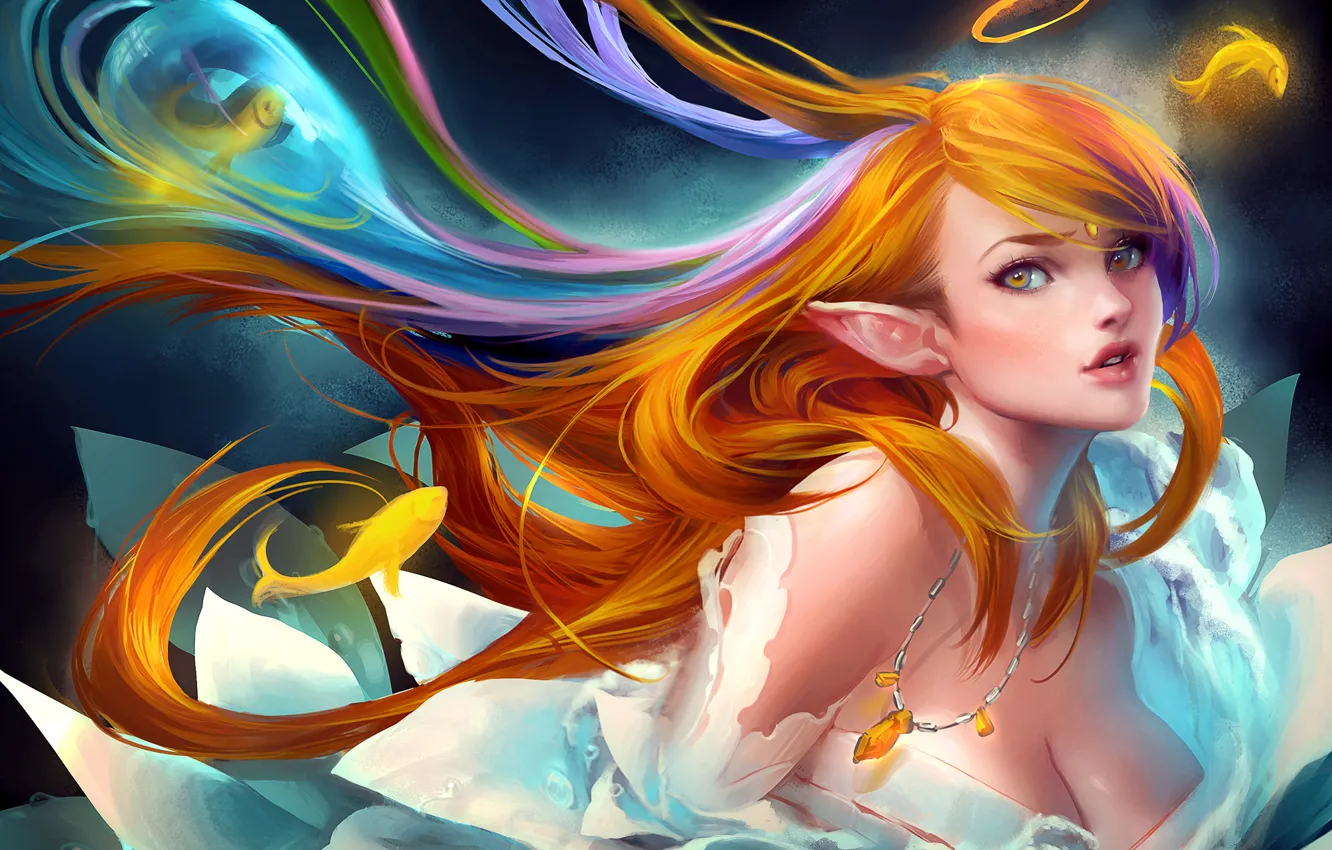 Photo wallpaper girl, decoration, fish, art, elf, halo, necklace, sakimichan