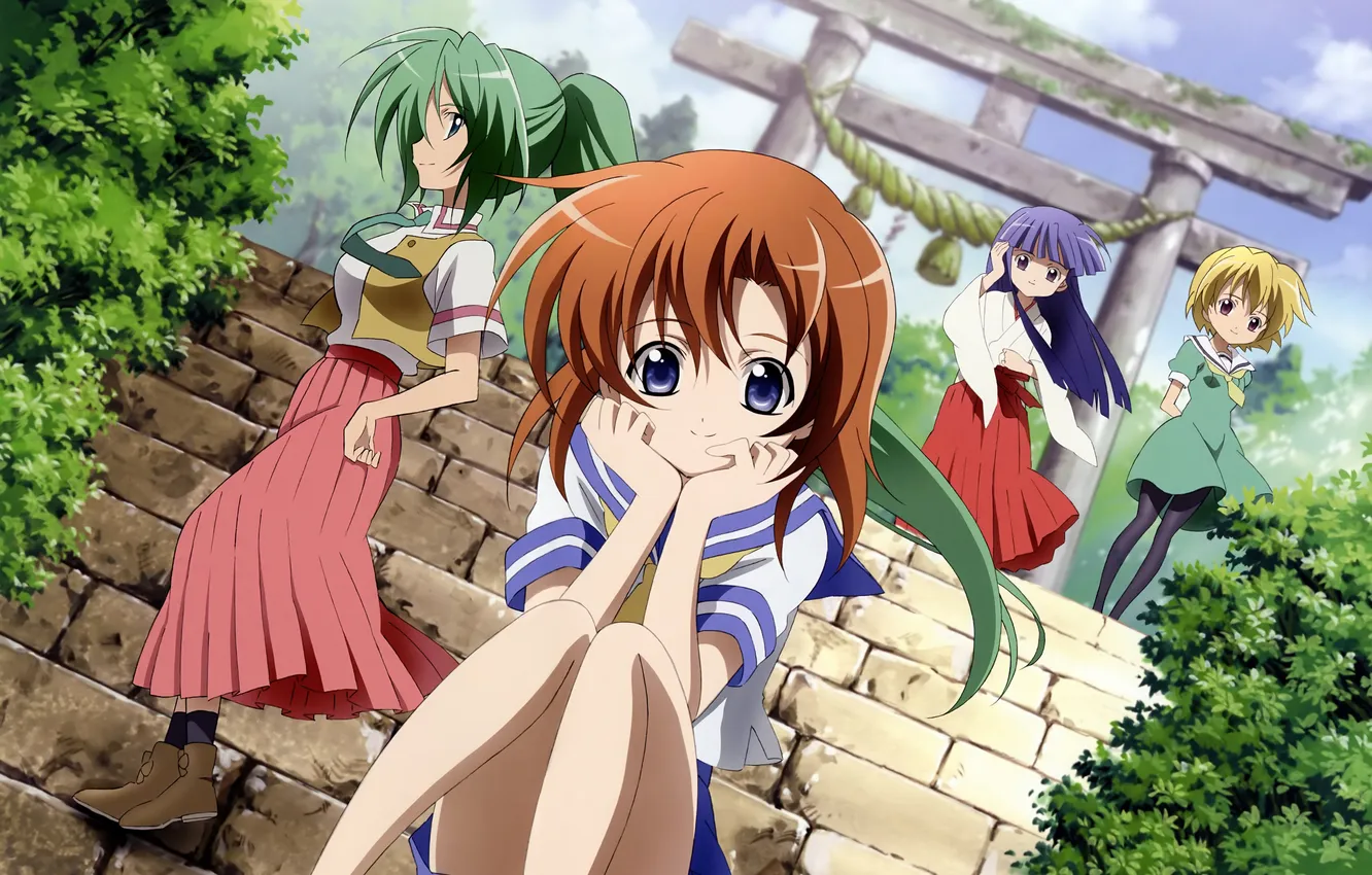 Photo wallpaper girls, anime, gate, ladder, temple, sitting, Anime, When the cicadas cry