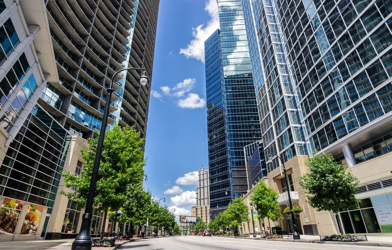 Photo wallpaper the sky, glass, clouds, city, the city, street, building, skyscrapers