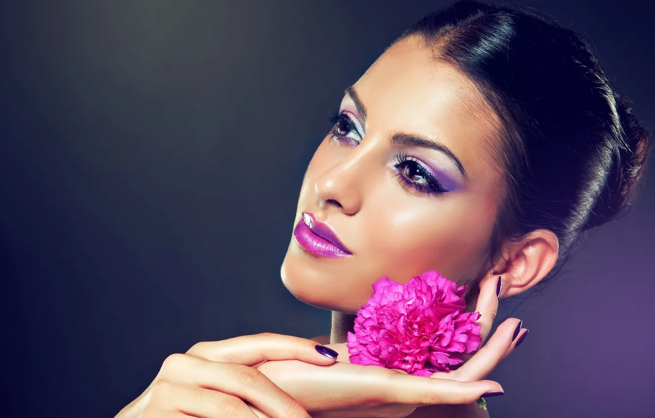 Photo wallpaper look, flowers, face, makeup, brunette, palm