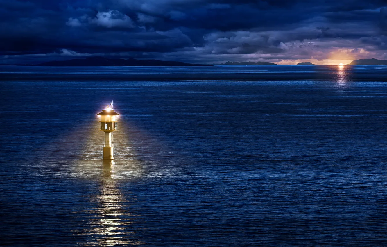 Photo wallpaper sea, landscape, night, lighthouse