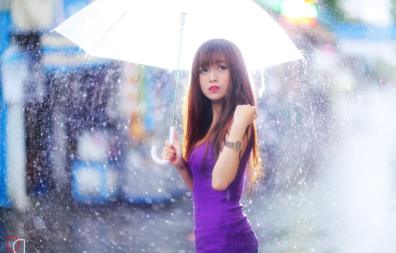 Photo wallpaper girl, rain, umbrella, Asian