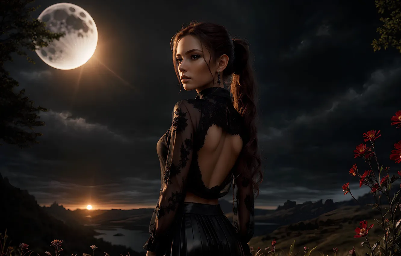 Photo wallpaper the sky, girl, light, face, the moon, back, blouse, beauty